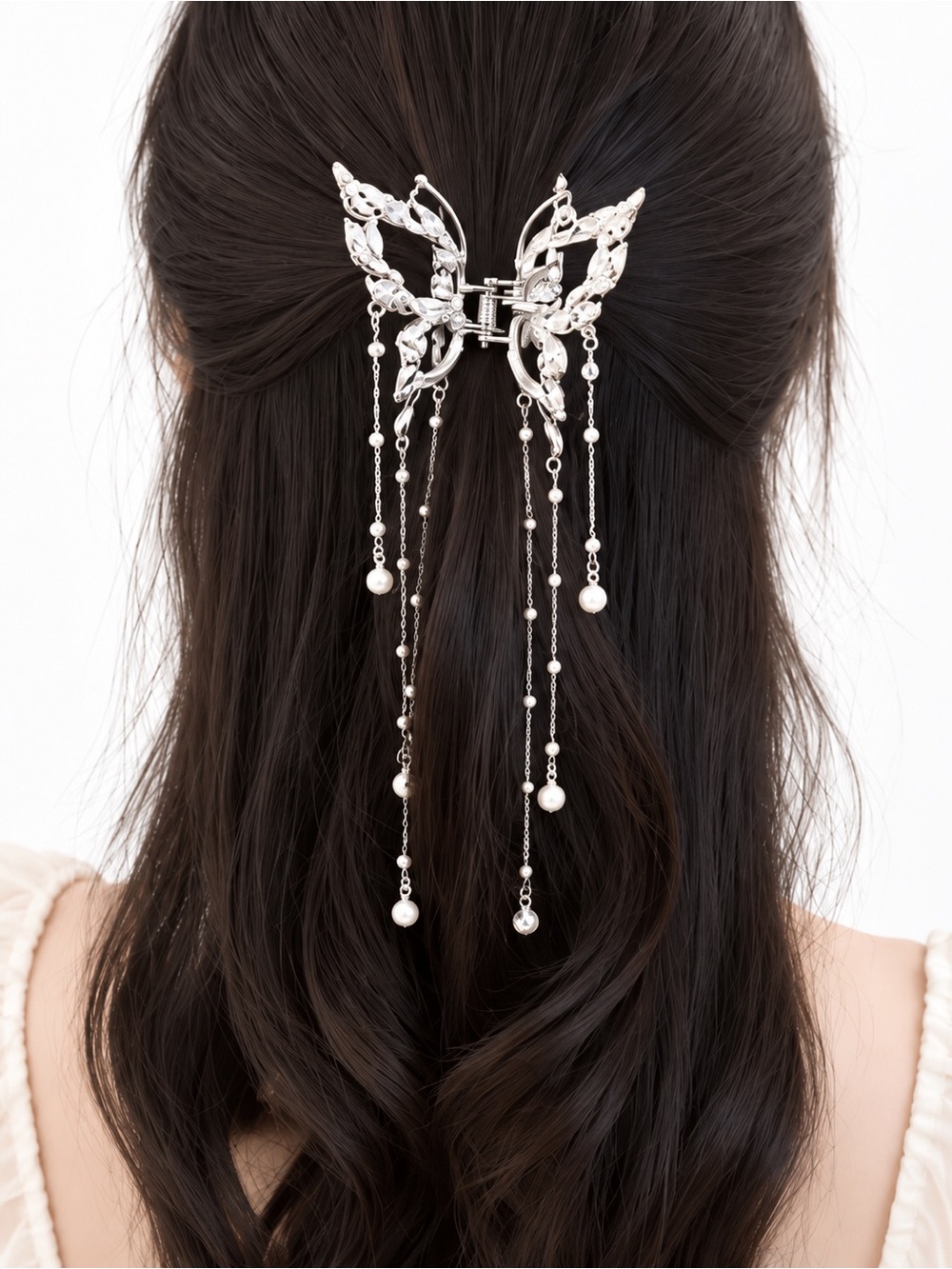 Silver Butterfly Pearl Hair Clip